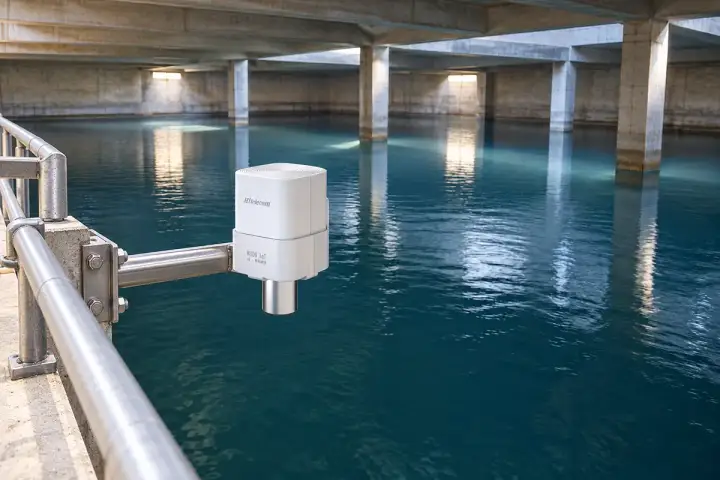 Hitelecom radar sensor on a walkway bracket above water in a covered drinking-water reservoir