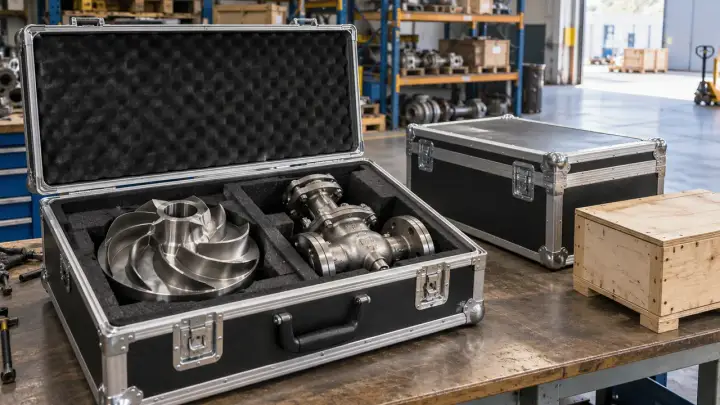 Industrial spare part secured inside a protective shipping case