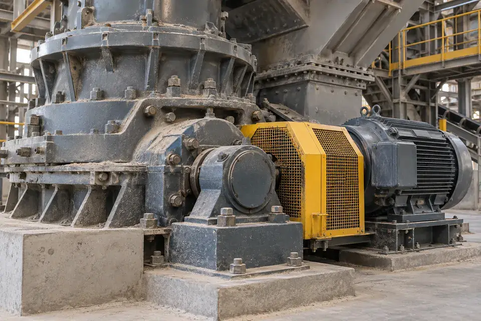 Industrial crusher with a stationary shaft bearing housing and drive assembly