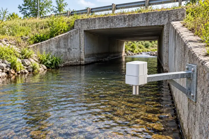 Concept installation of a Hitelecom radar sensor on a headwall bracket above open upstream culvert water.