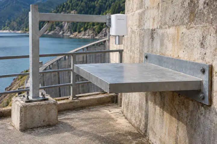 Hitelecom radar sensor on an independent upper bracket facing a horizontal target attached to a concrete dam abutment, illustrative installation