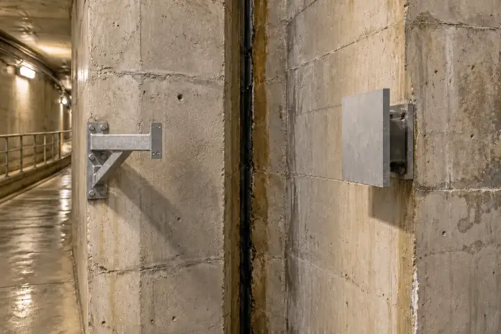 Dam gallery joint movement installation background: Two distinct gallery segments separated by a real joint, with target and opposing bracket attached to their respective segments.