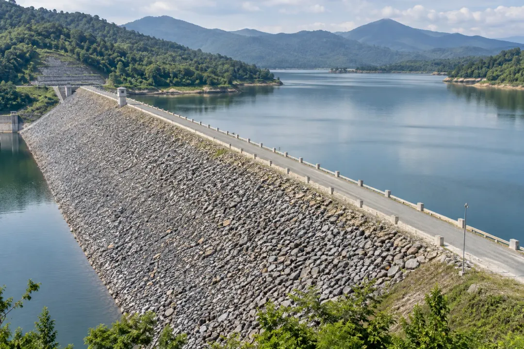 Application illustration: An embankment dam with a riprap slope, crest road and adjacent reservoir.