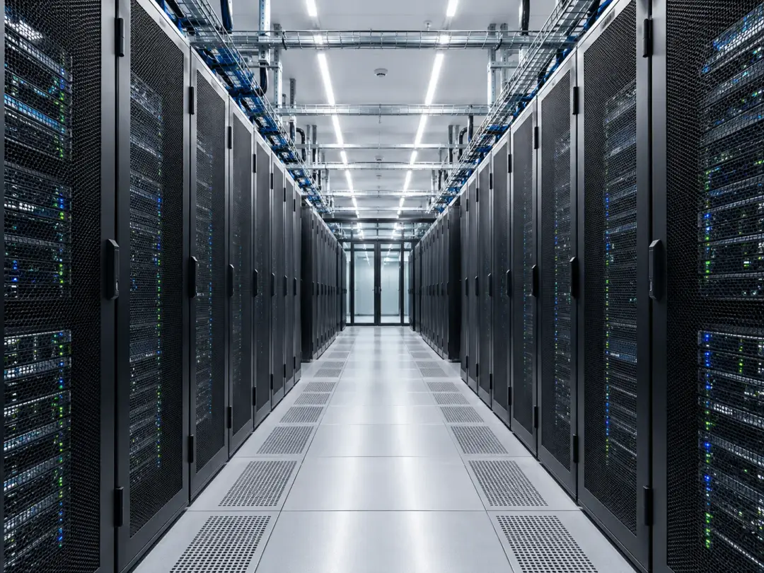 Indoor data centre server racks with a clearly defined aisle