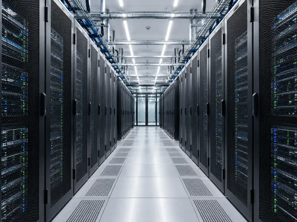 Modern data center with symmetrical server racks and a clean central cooling aisle
