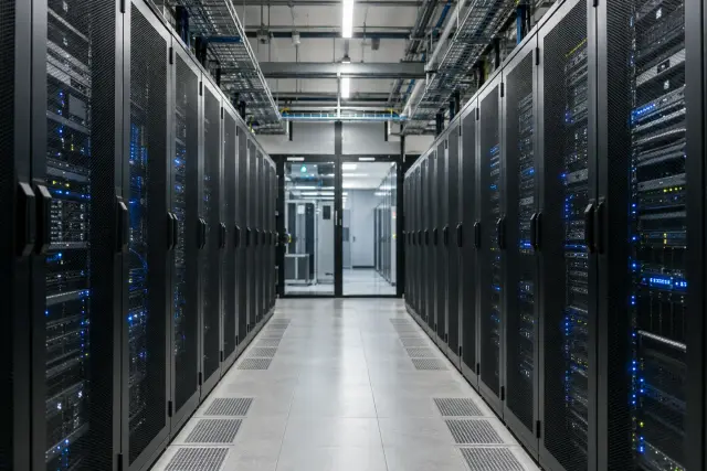 Data centre aisle with server racks and overhead cable trays