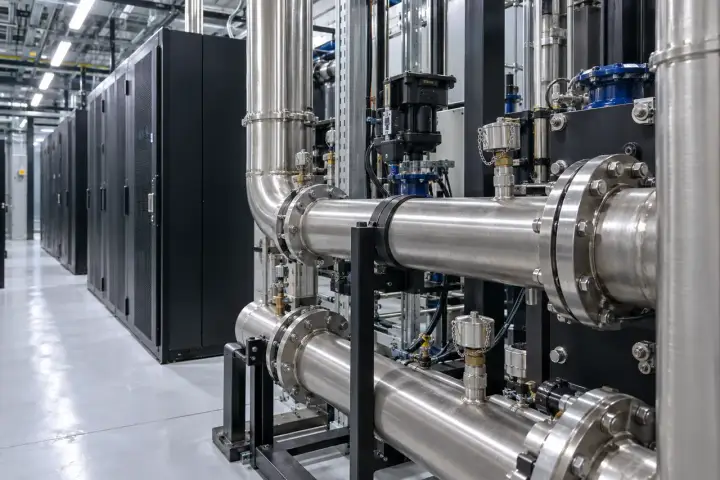 Stainless liquid-cooling manifolds and capped service connections beside rows of data-centre racks.