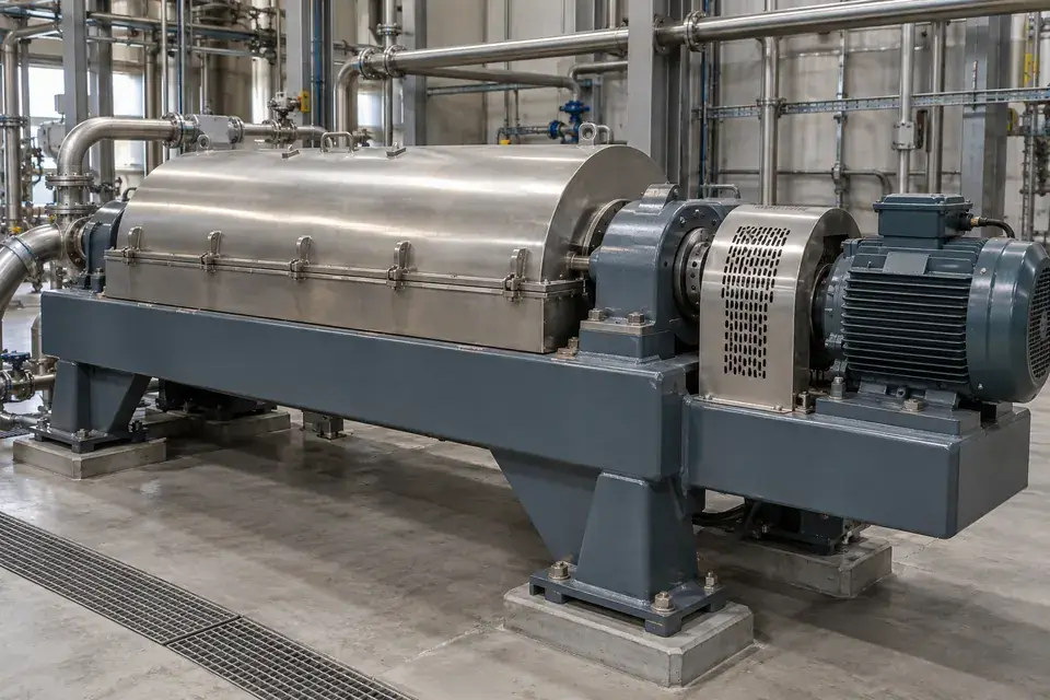 Industrial decanter centrifuge with its fixed external bearing housings