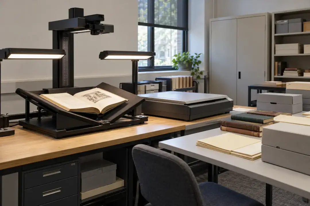 Library digitisation workroom with an overhead book scanner, book cradle and document sorting tables