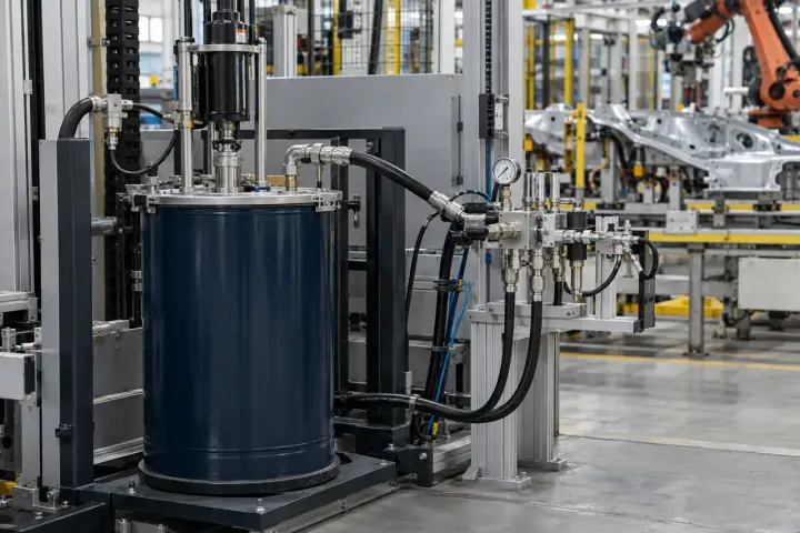 Adhesive drum follower pump connected by hoses to a pressure-gauge manifold beside a guarded production cell