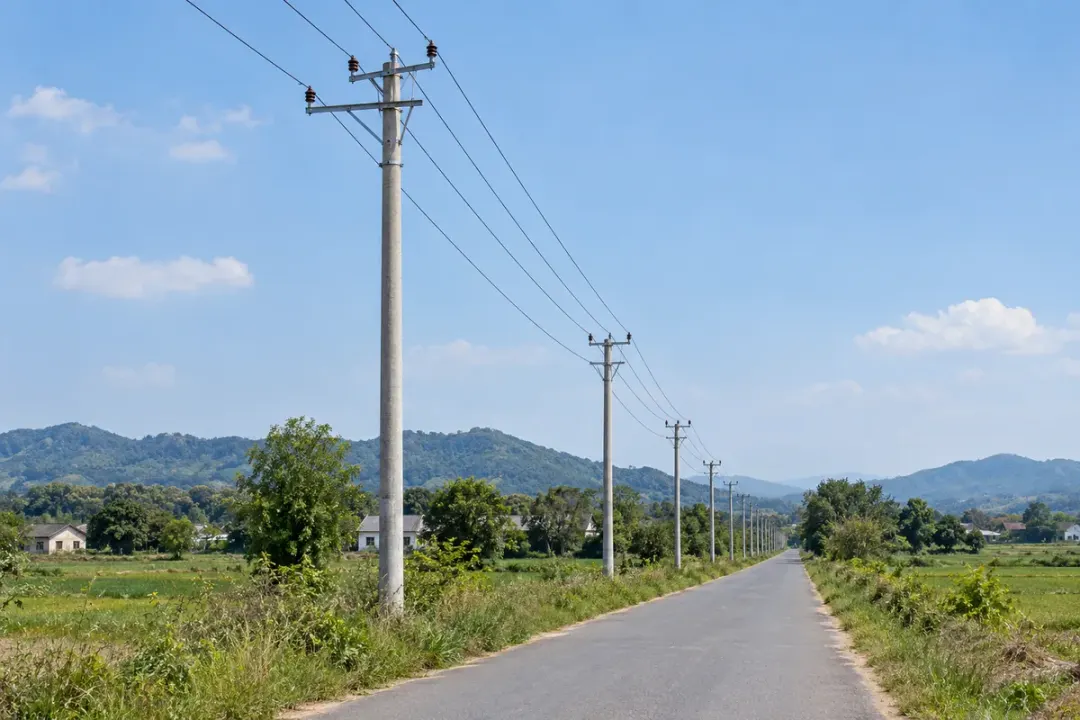Distribution poles with crossarms along a rural roadside.