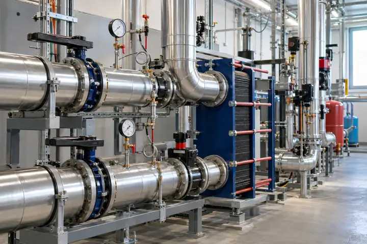 Plate heat exchanger and supported heating-water manifolds with separate valved pressure gauges.
