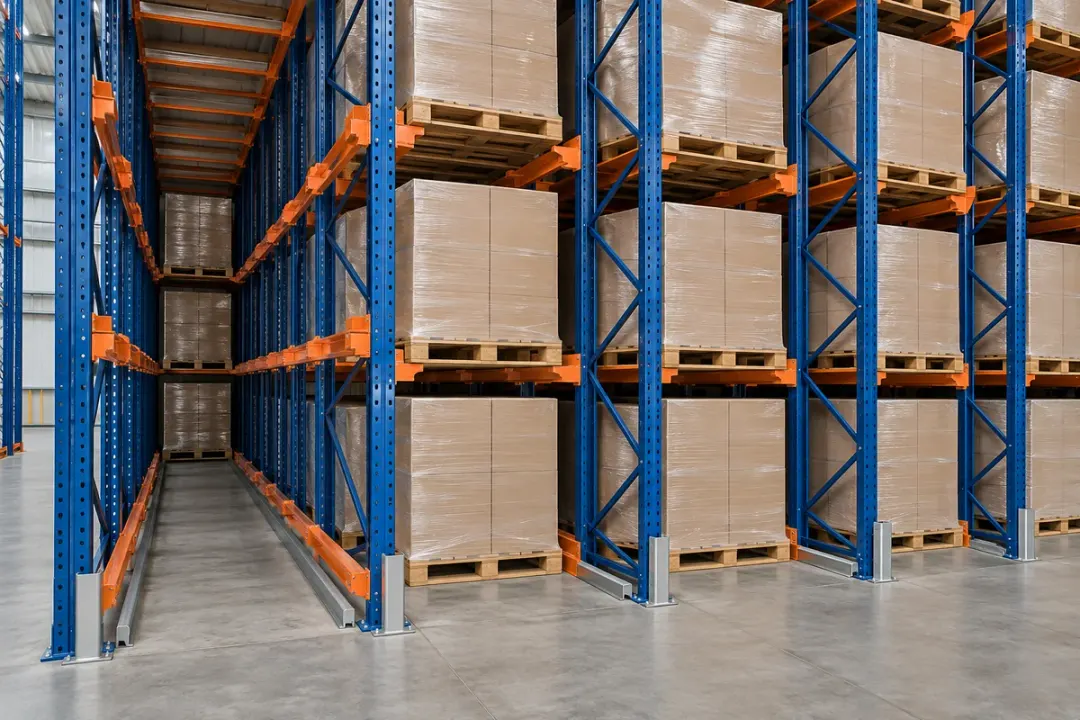 Drive-in pallet racking with deep storage lanes, upright frames and horizontal pallet-support rails.