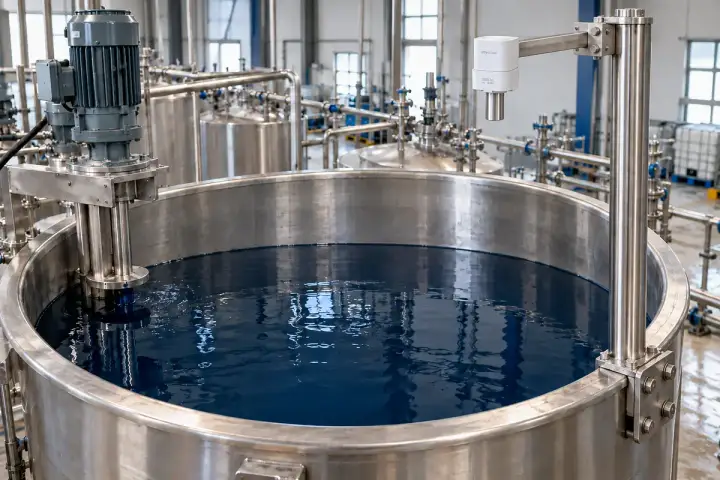 Hitelecom radar sensor on a tall external post above a half-filled textile process-liquid tank