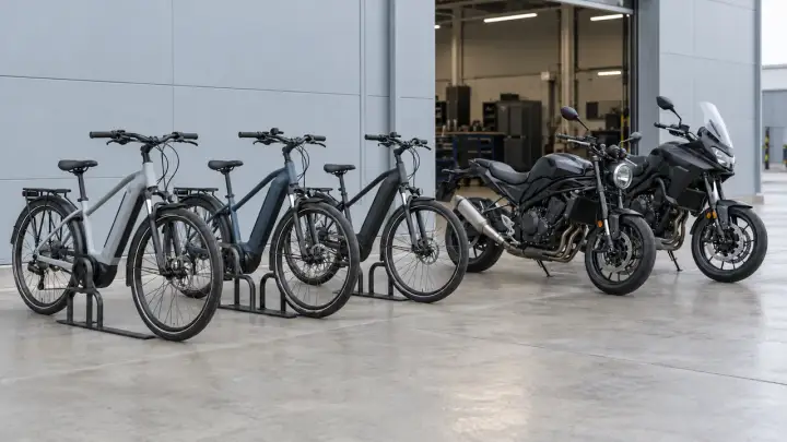 Fleet e-bikes parked in an outdoor operating area