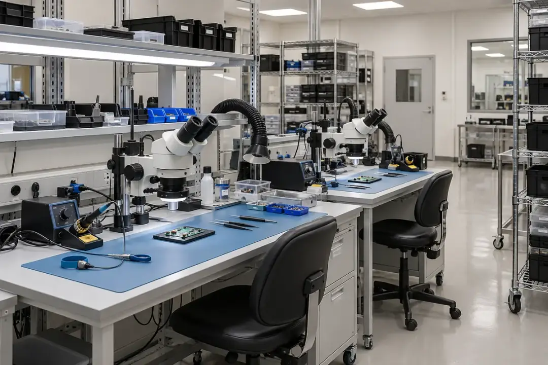 Electronics precision assembly benches with ESD mats and stereo microscopes