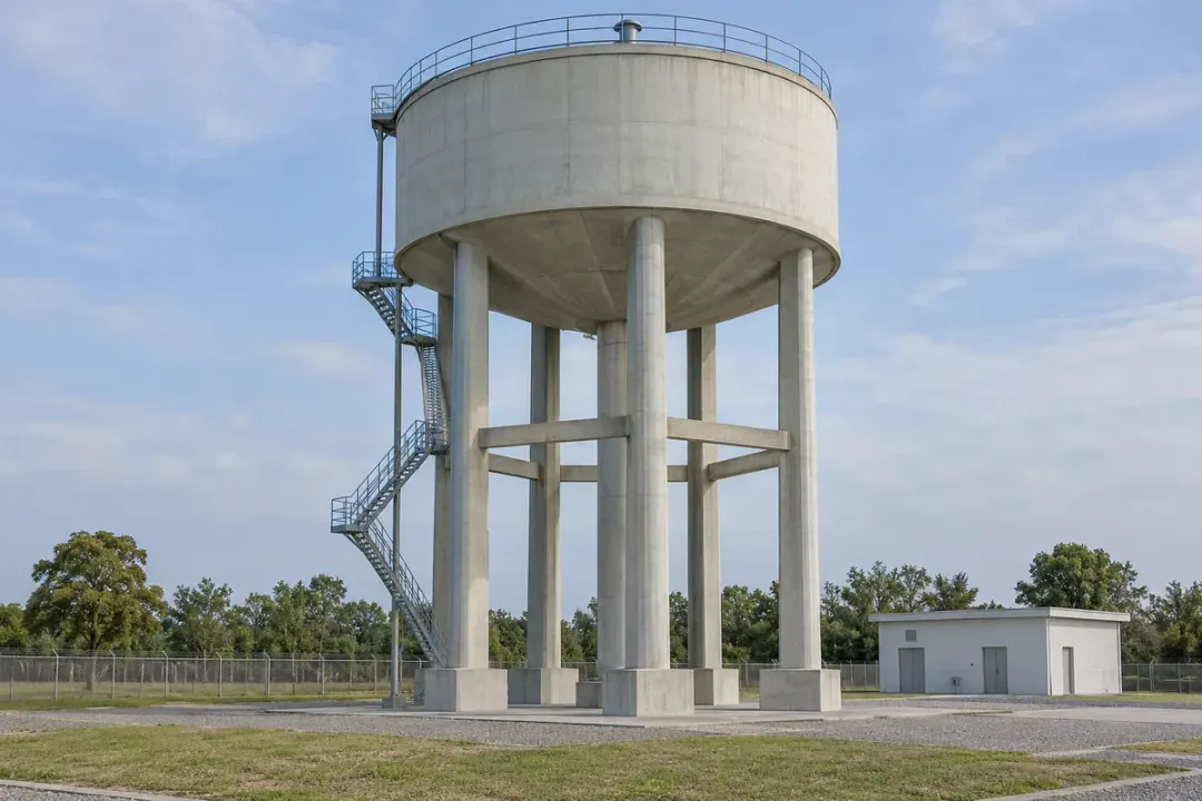 Elevated water tank with visible structural support columns.