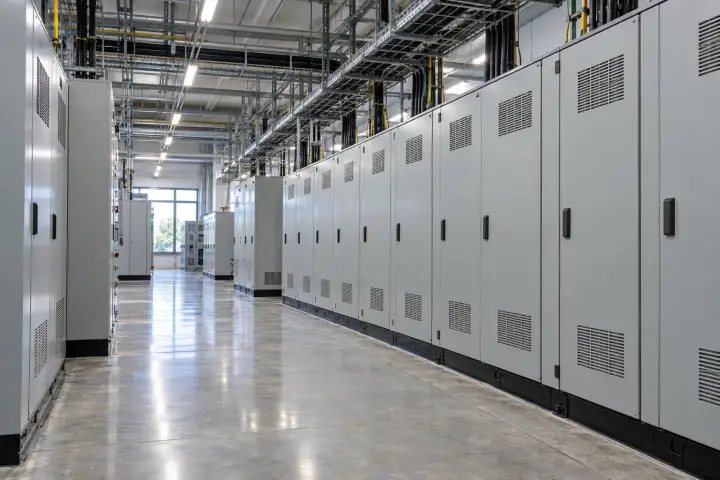 Industrial electrical equipment room with rows of enclosed cabinets
