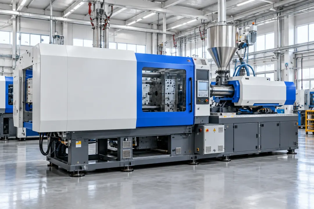 Application illustration: An injection-moulding machine inside a bright industrial production hall.