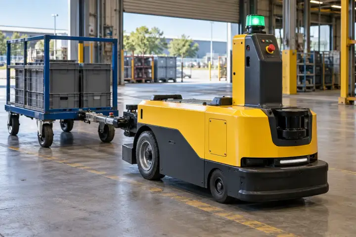 Industrial towing AGV with a wheeled chassis, safety scanner and rear tow coupling in a factory dispatch bay.