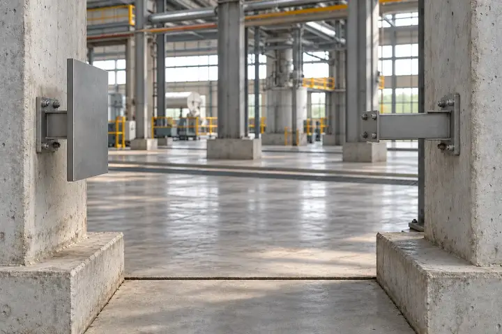 Factory structural joint opening installation background: Two distinct structural members with a broad attached target facing the opposed mounting bracket.