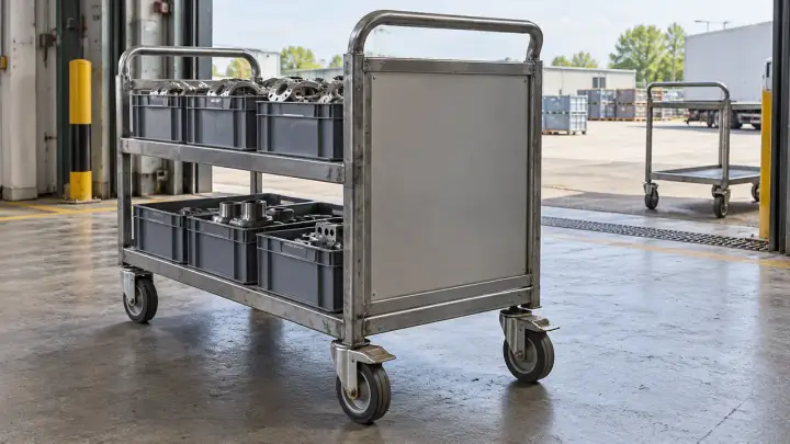 Factory parts trolley with a fixed end-frame panel at an open loading bay.