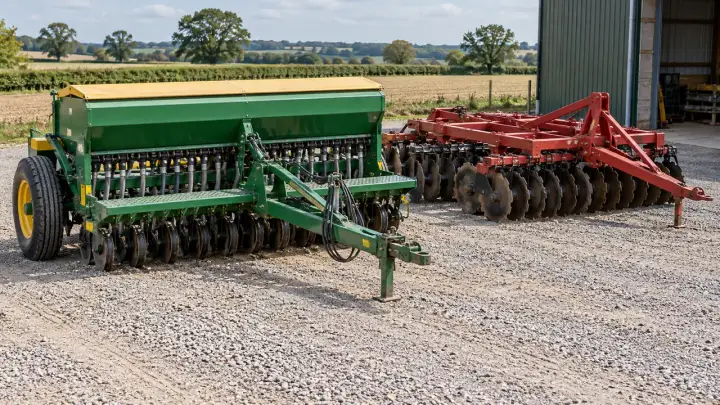 Agricultural implement parked in an outdoor farm equipment area