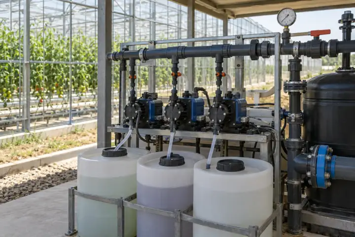 Three nutrient dosing pumps above farm fertigation tanks with a pressure gauge on the water header