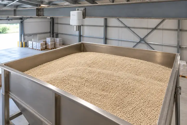 Hitelecom radar sensor fixed to an overhead warehouse beam above an open fertilizer granule bin
