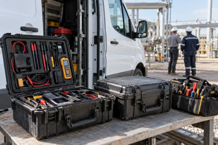 Industrial service parts and repair tools arranged in a transport kit