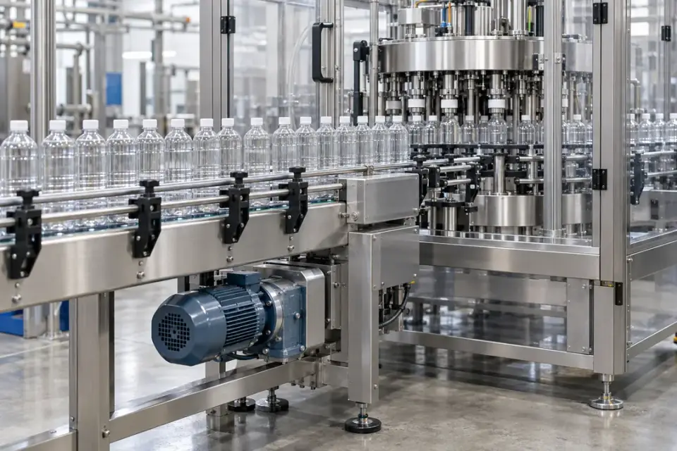 Automated filling and capping line with accessible external motor drives