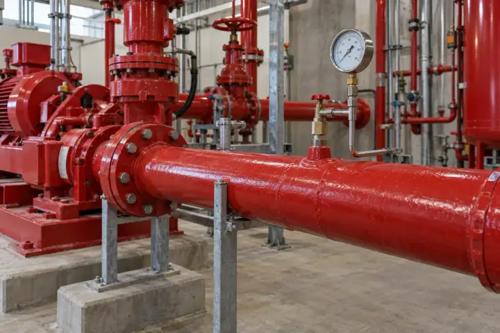 Red fire-water pump and discharge pipe with a mechanical pressure gauge and separate instrument branch.