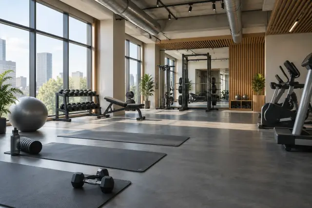 Contemporary fitness studio with training equipment and broad windows