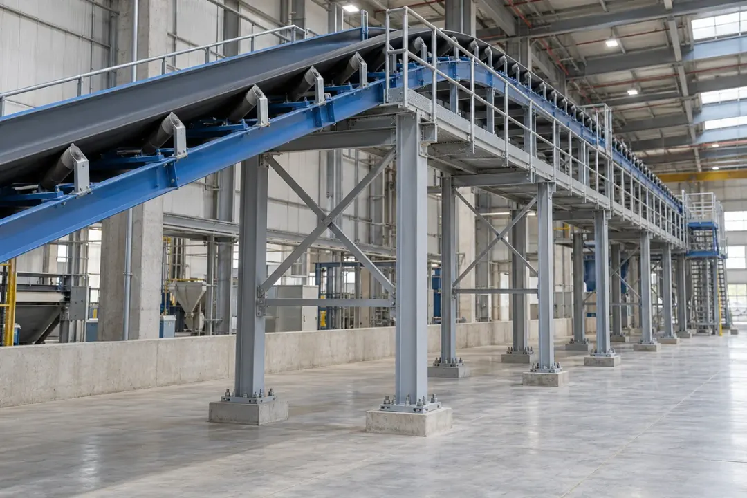 Fixed elevated conveyor on anchored steel columns with visible bracing and maintenance access.
