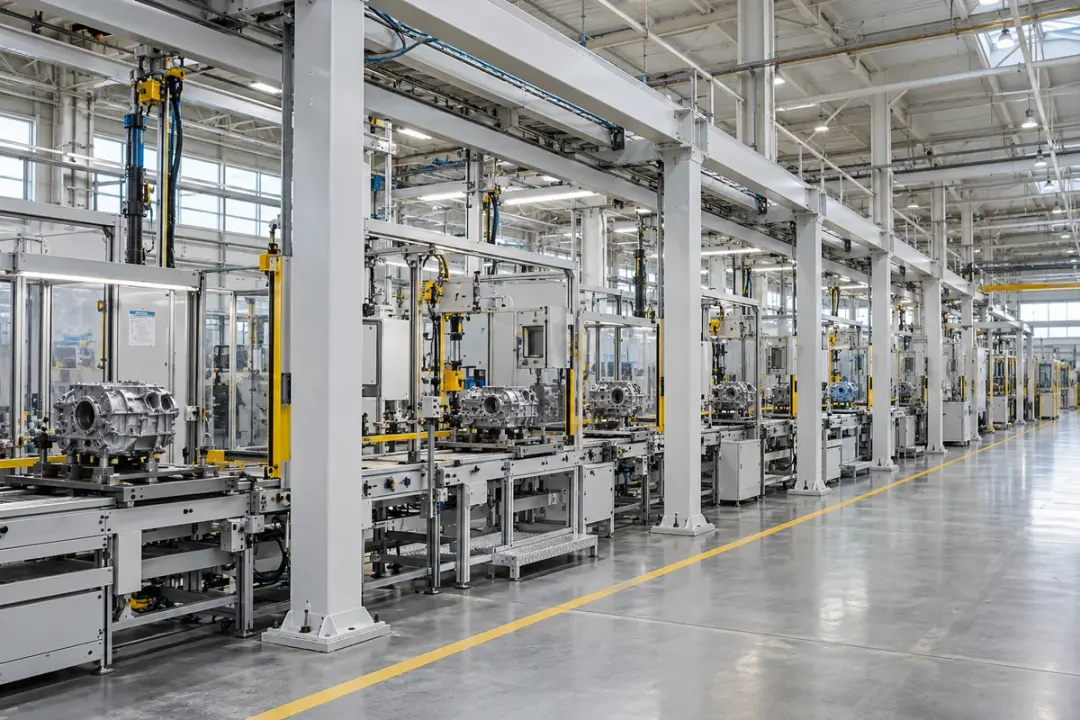 Fixed production-line support frames and maintenance access inside an industrial hall.