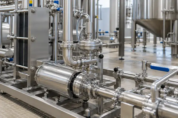 Stainless beverage-process pump and sanitary clamp-connected tubing with a diaphragm instrument assembly.