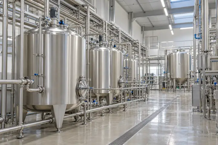 Stainless-steel food-processing line with tanks and process pipework