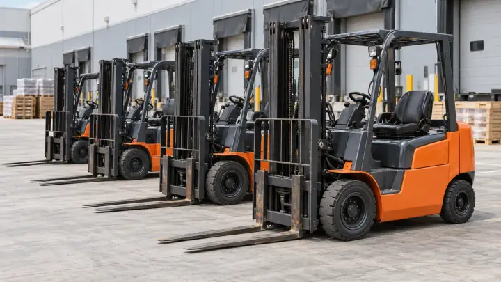 Forklifts parked in an outdoor factory equipment transfer yard