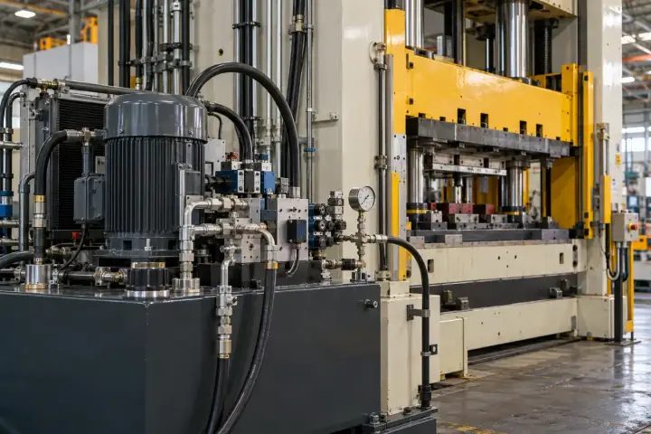 Industrial metal-forming press beside its hydraulic power unit, supported hoses, pressure gauge and test connections.