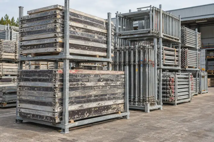 Reusable formwork panels secured on an outdoor transport rack