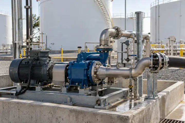 Fuel transfer pump on a contained skid with closed pipework and an isolated instrument branch, storage tanks behind.