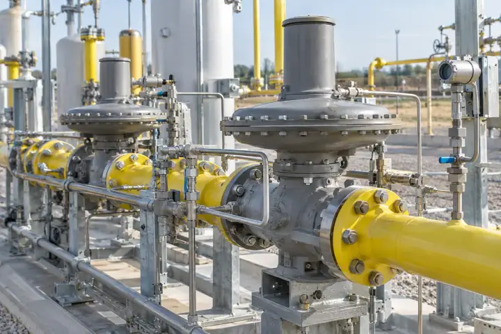 Outdoor fuel-gas regulation skid with diaphragm regulators, yellow pipework and small instrument branches.