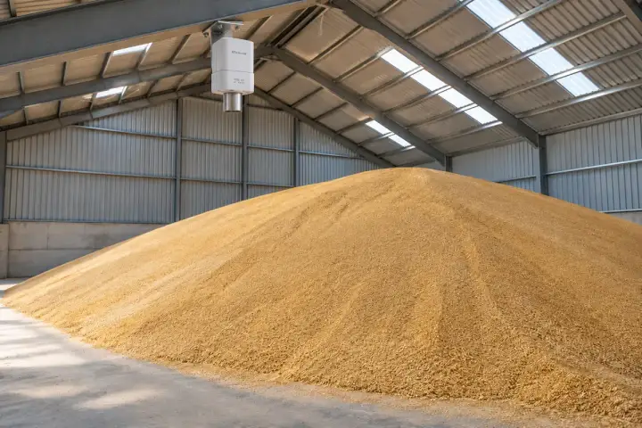 Hitelecom radar sensor fixed beneath a grain-store roof beam above an exposed wheat heap