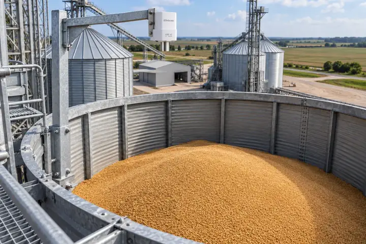 Hitelecom radar sensor on a tall fixed grain-bin bracket, facing down towards an exposed wheat surface