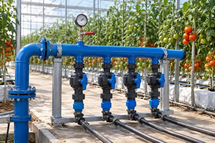 Blue four-zone irrigation manifold with valves and a pressure gauge in a tomato glasshouse