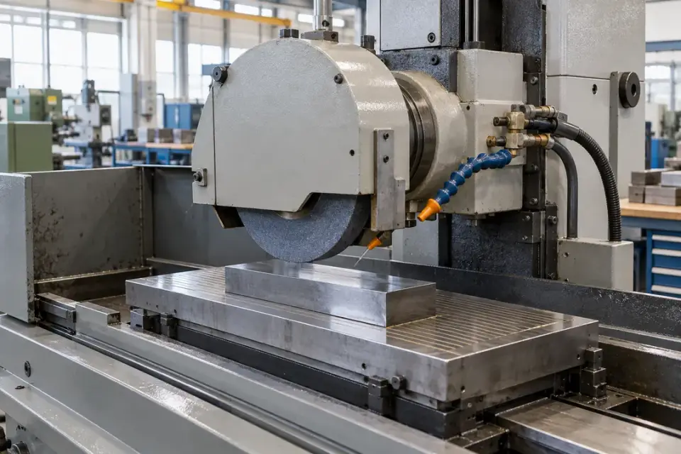 Industrial grinding machine with stationary spindle housing and protective guards