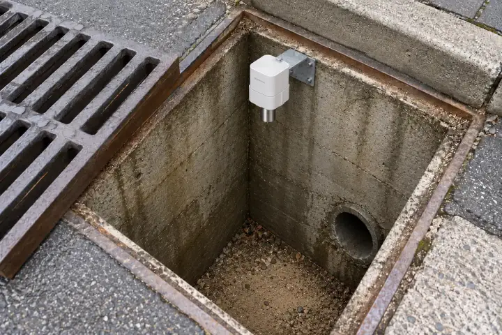 Concept installation of a Hitelecom radar sensor beneath a roadside gully access frame above exposed sand and silt.