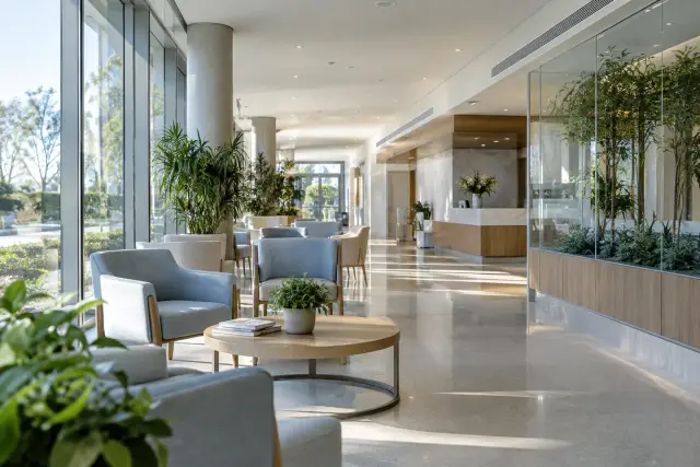 Modern healthcare waiting lounge with seating and windows