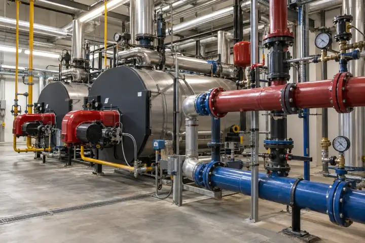 Commercial boiler room with red and blue hot-water manifolds and accessible pressure gauges.
