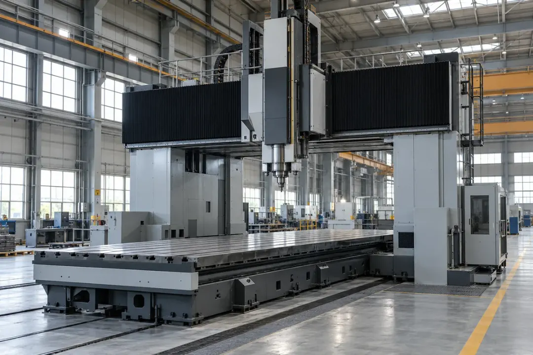 Heavy gantry machine tool with a visible structural base and factory floor.